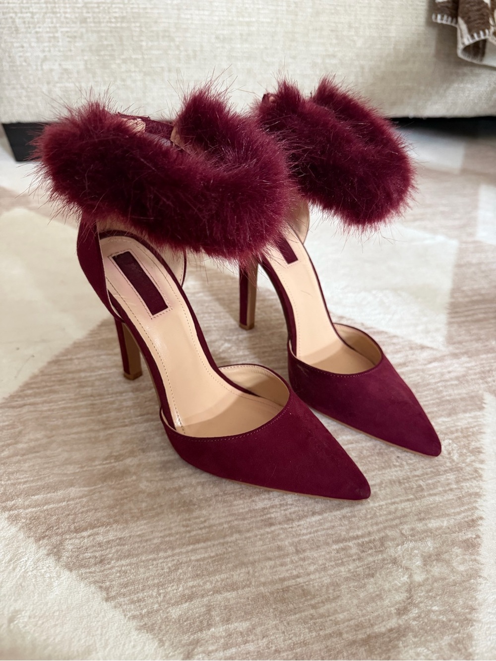 Burgundy Feather-Trim Suede Pointed-Toe Heels